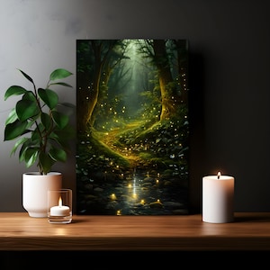 Verzauberte Märchen Glühwürmchen Magischer spiritueller Wald Leinwand Wand Kunst Druck & Poster | Mystische Fantasy Schlafzimmer Dekor Geisterwald