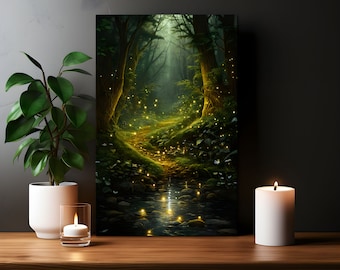 Enchanted Fairy Tale Fireflies Magical Spiritual Forest Canvas Wall Art Print & Poster | Mystical Fantasy Bedroom Decor Spirit Forest