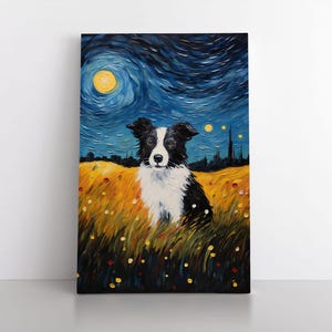 Cute Border Collie Puppy Oil Painting Print in the Style Of Starry Night | Border Collie Pet Dog Canvas Wall Art Gift Artwork