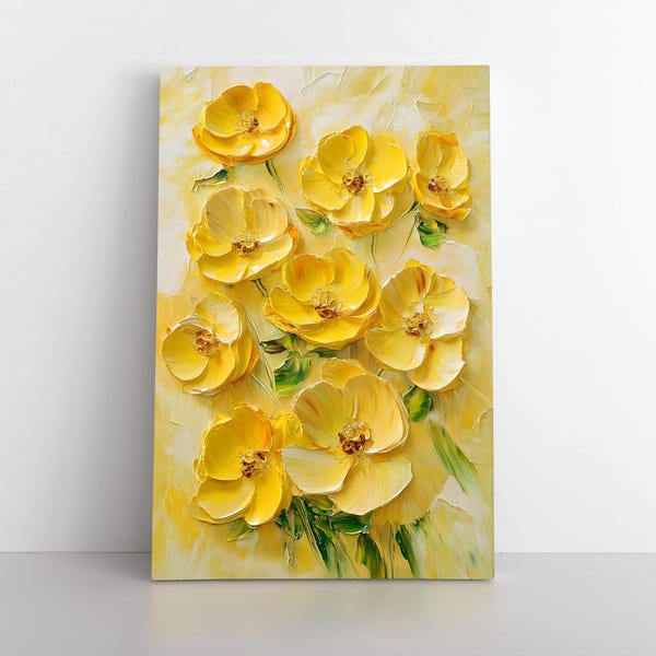 Yellow Flowers Impasto Style Painting Print Framed Canvas Wall Art | Pretty Botanical Bathroom Decor | Mothers Day Gift For Mom Grandma