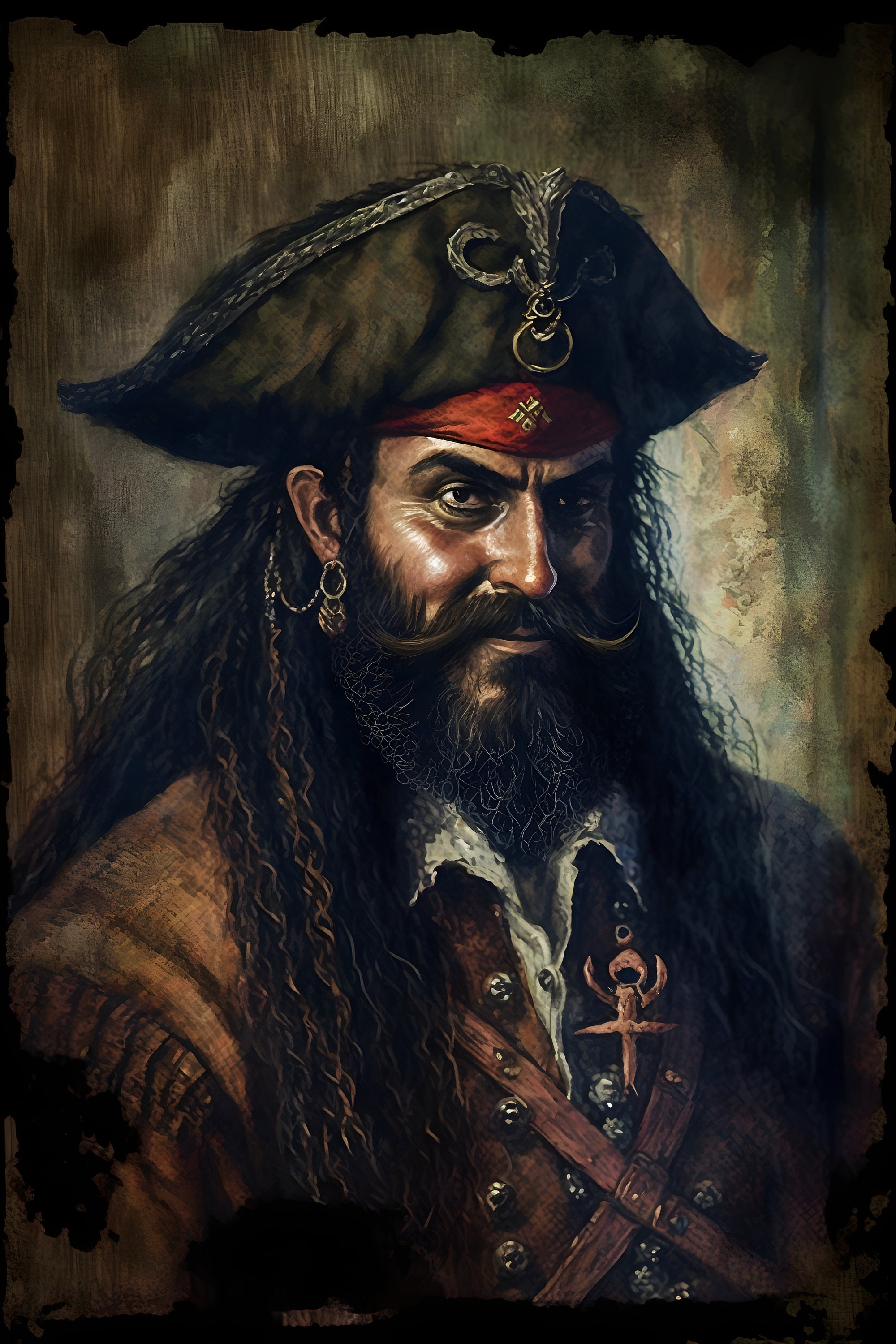 Pirate Blackbeard Portrait Painting Print On Canvas Wall Art Vintage 