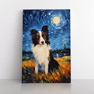 Cute Border Collie Dog Oil Painting Print in the Style Of Starry Night | Border Collie Pet Dog Canvas Wall Art Gift Artwork
