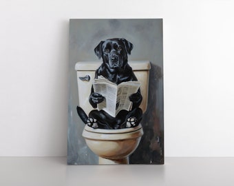 Black Labrador Dog Sitting On The Toilet Painting Print on Canvas | Hilarious Bathroom Wall Art Humor Decor Funny Black Lab Artwork