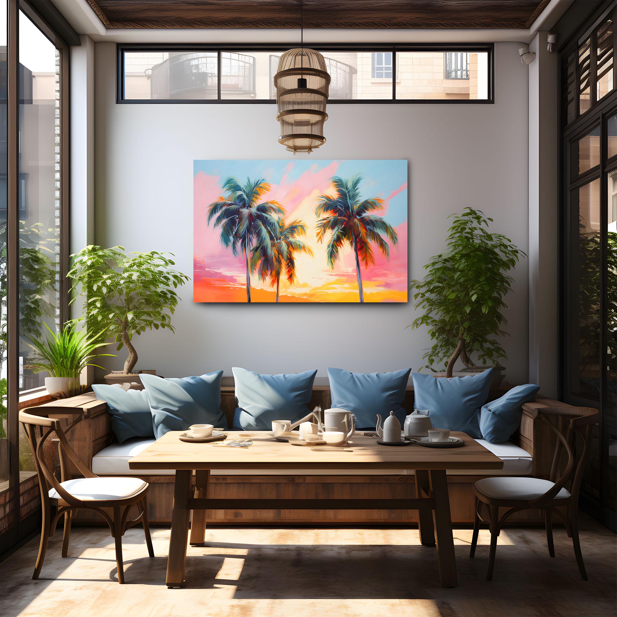 Tropical Beach Sunset Palm Trees Oil Painting Print on Framed Canvas ...