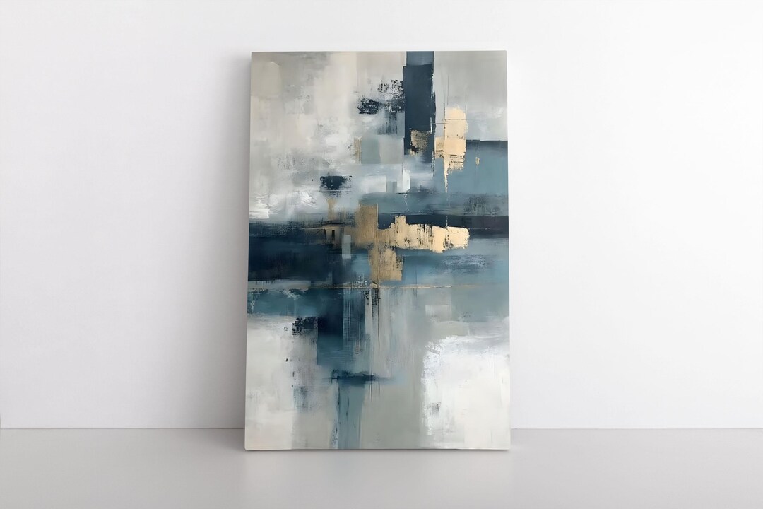 Blue Grey and Gold Abstract Canvas Wall Art – Modern Vertical Painting ...