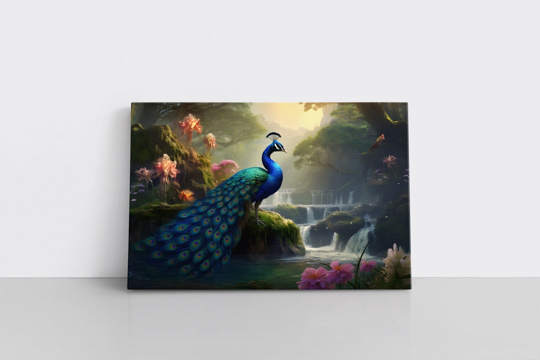 Wandbild Blauer Pfau Auf Leinwand – 40x60 Cm, Vintage-Stil, Mit Holzrahmen