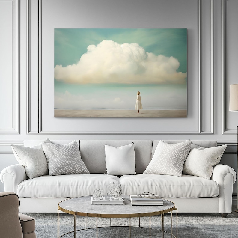 Minimalist Cloud Painting Print on Framed Canvas | Abstract Blue Sky & Clouds Artwork | Moody Wall Art | Study Room Decor | Whimsical Girl image 3