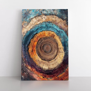 May include: Abstract painting of a tree trunk cross-section with concentric rings in shades of blue, orange, brown, and purple.