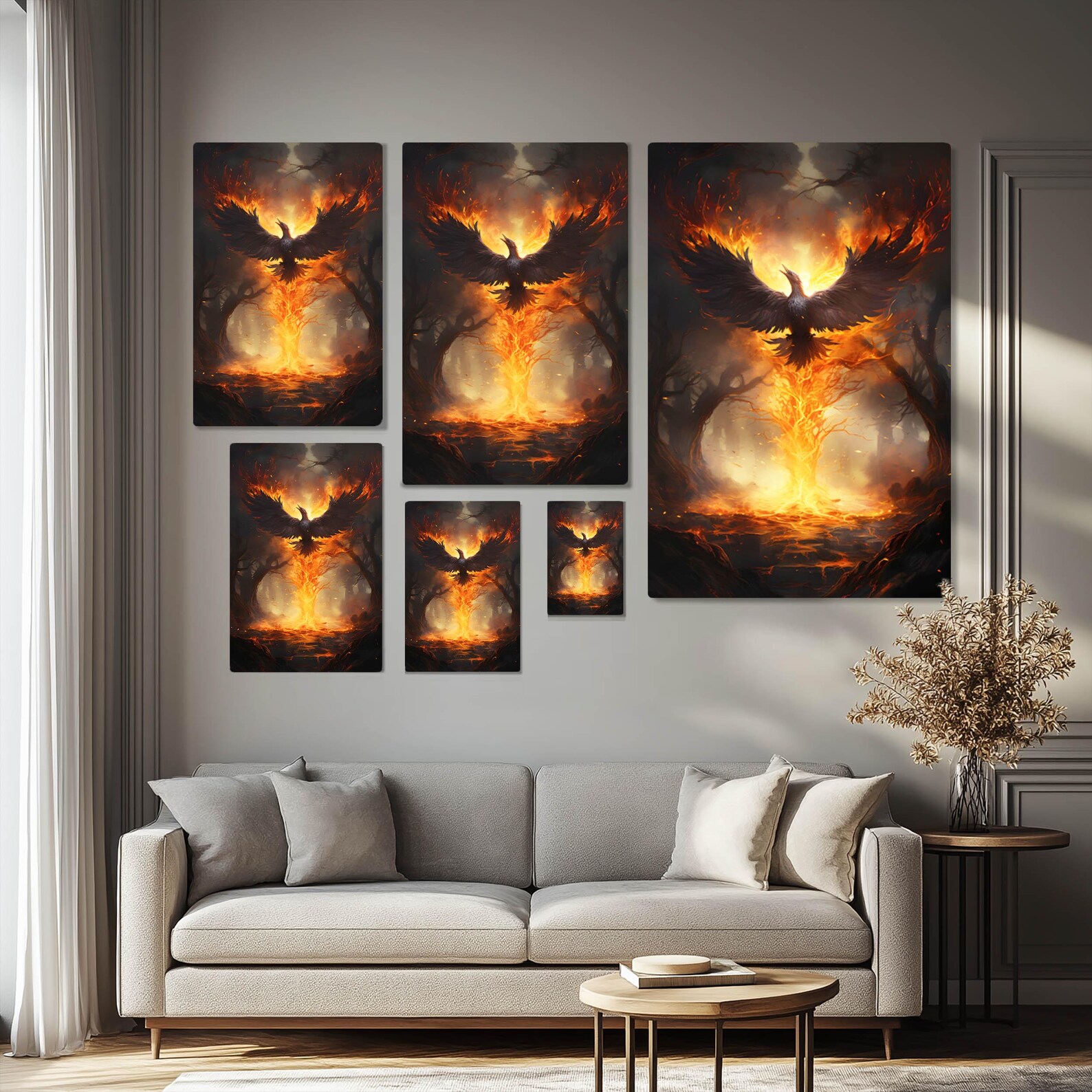 Fiery Phoenix Bird Rising From Flames Wall Art Print on Framed Canvas ...