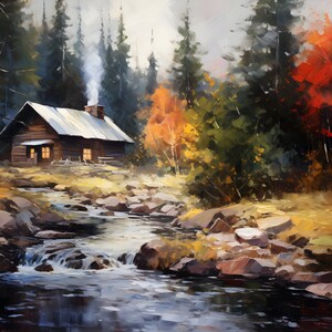 Vintage Country Cabin in Forest Oil Painting Print on Canvas | Lodge ...