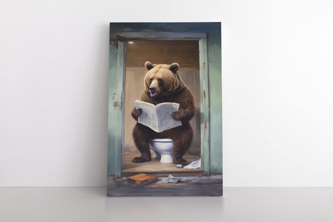 Grizzly Bear Sitting on the Toilet Framed Canvas Painting Print Funny