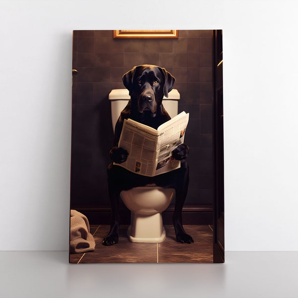 Labrador noir assis sur les toilettes, impression sur toile | Animaux rigolos, art mural hilarant de salle de bain, décoration humoristique, oeuvre d'art de labo noir