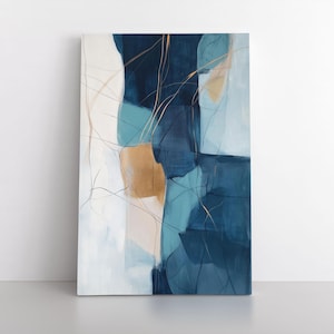 Abstract Blue Painting Print Wall Art on Framed Canvas | Modern Contemporary Artwork, Neutral Blue Gold White Office & Living Room Decor