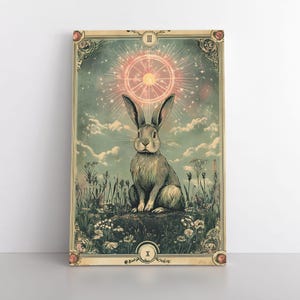 Niedliches Kaninchen Leinwanddruck | Tarot Karte Inspiriert Erdig Himmlisch Mystisch Whimsigoth Jugendstil Dekor | Ein witziges Kunstwerk aus 100% Baumwolle