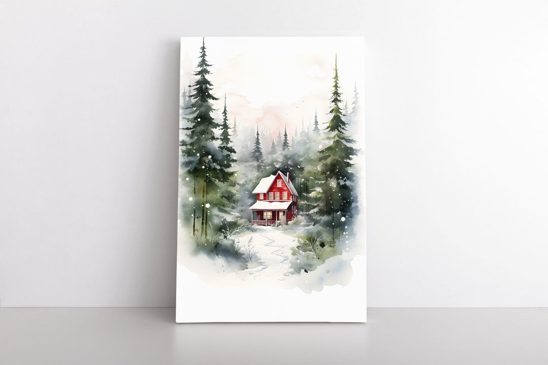 Minimalist Watercolor Snowy Cabin in Forest Painting Print Canvas ...