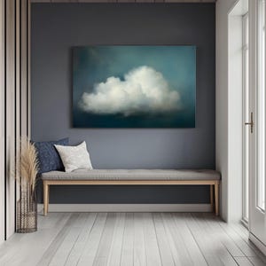 Cuadro minimalista de nubes impreso en lienzo enmarcado / Obra de arte abstracta de cielo azul y nubes / Arte de pared con ambiente íntimo / Decoración para sala de estudio imagen 3