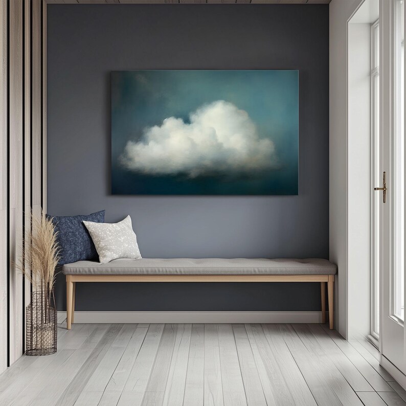 Cuadro minimalista de nubes impreso en lienzo enmarcado / Obra de arte abstracta de cielo azul y nubes / Arte de pared con ambiente íntimo / Decoración para sala de estudio imagen 3