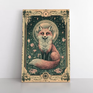 Impression d'art mural renard mystique | Carte de tarot inspirée des célestes terrestres spirituels fantaisie Art nouveau déco sorcière renard roux mignon