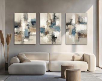 2 or 3 Piece Bundle Set, Abstract Brown Blue Grey Painting Print on Framed Canvas Wall Art, Modern Minimalist Neutral Artwork