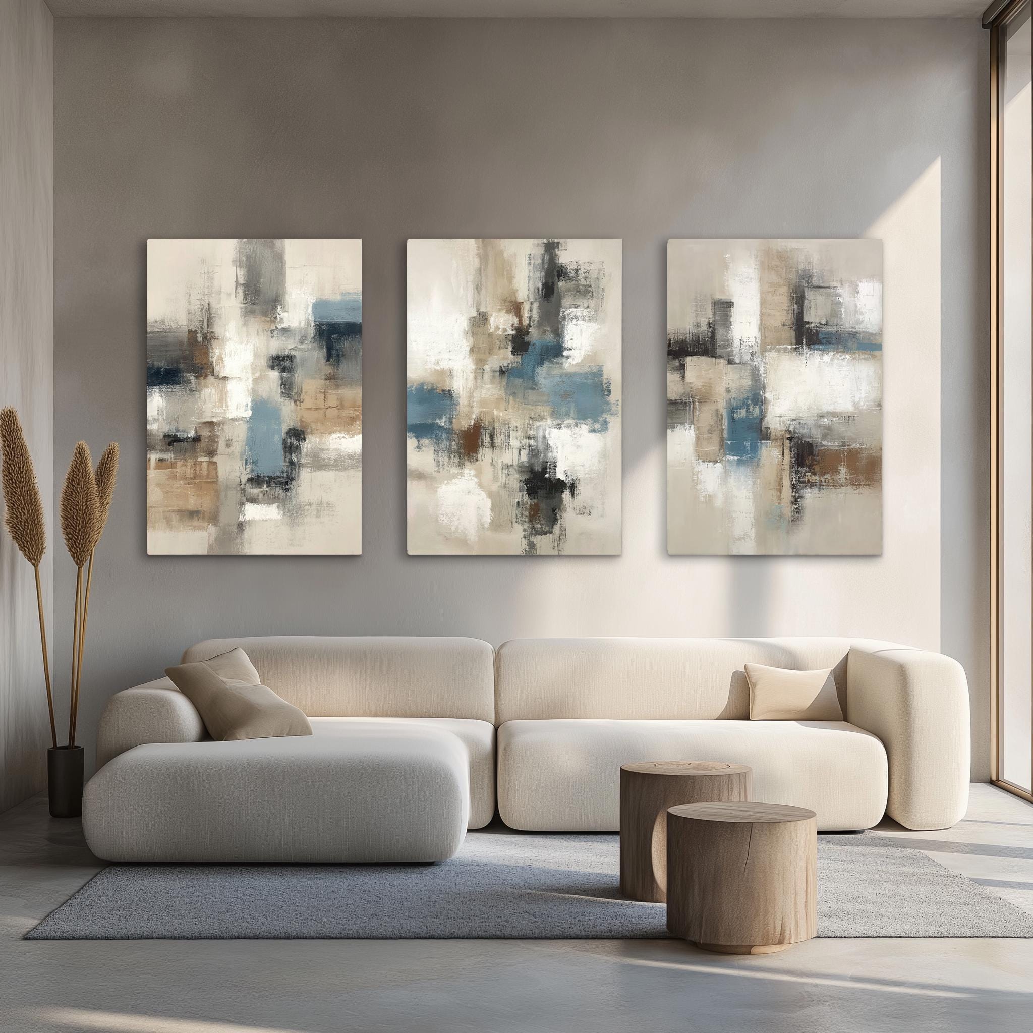 2 or 3 Piece Bundle Set, Abstract Brown Blue Grey Painting Print on ...