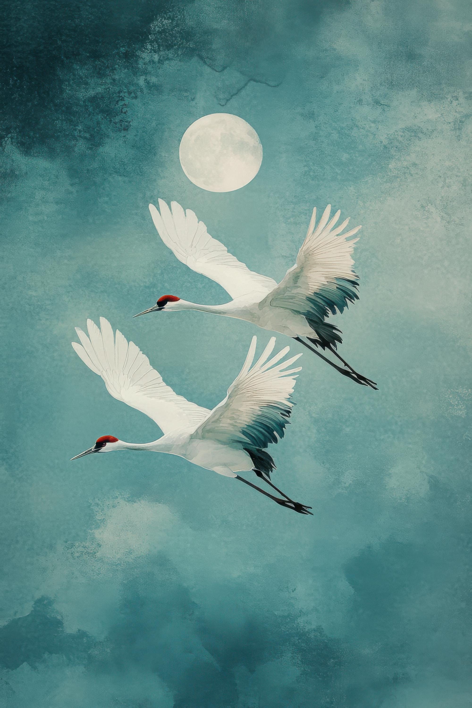 【原画】『Crane in the Clouds』 Cranes Flying in Moonlight – Blue Watercolor Japanese Bird Wall