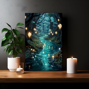 Impresión artística en lienzo de un bosque espiritual con faroles / Decoración de dormitorio con fantasía mágica y encantada / Árboles místicos del bosque espiritual