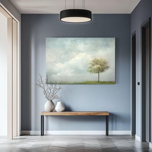 Pintura minimalista de nuvens e árvores em tela emoldurada | Arte abstrata de céu azul e nuvens | Arte de parede com árvores | Decoração para sala de estudo imagem 5