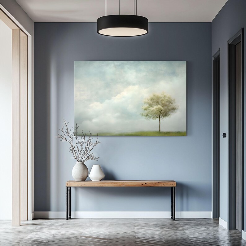 Pintura minimalista de nuvens e árvores em tela emoldurada | Arte abstrata de céu azul e nuvens | Arte de parede com árvores | Decoração para sala de estudo imagem 5