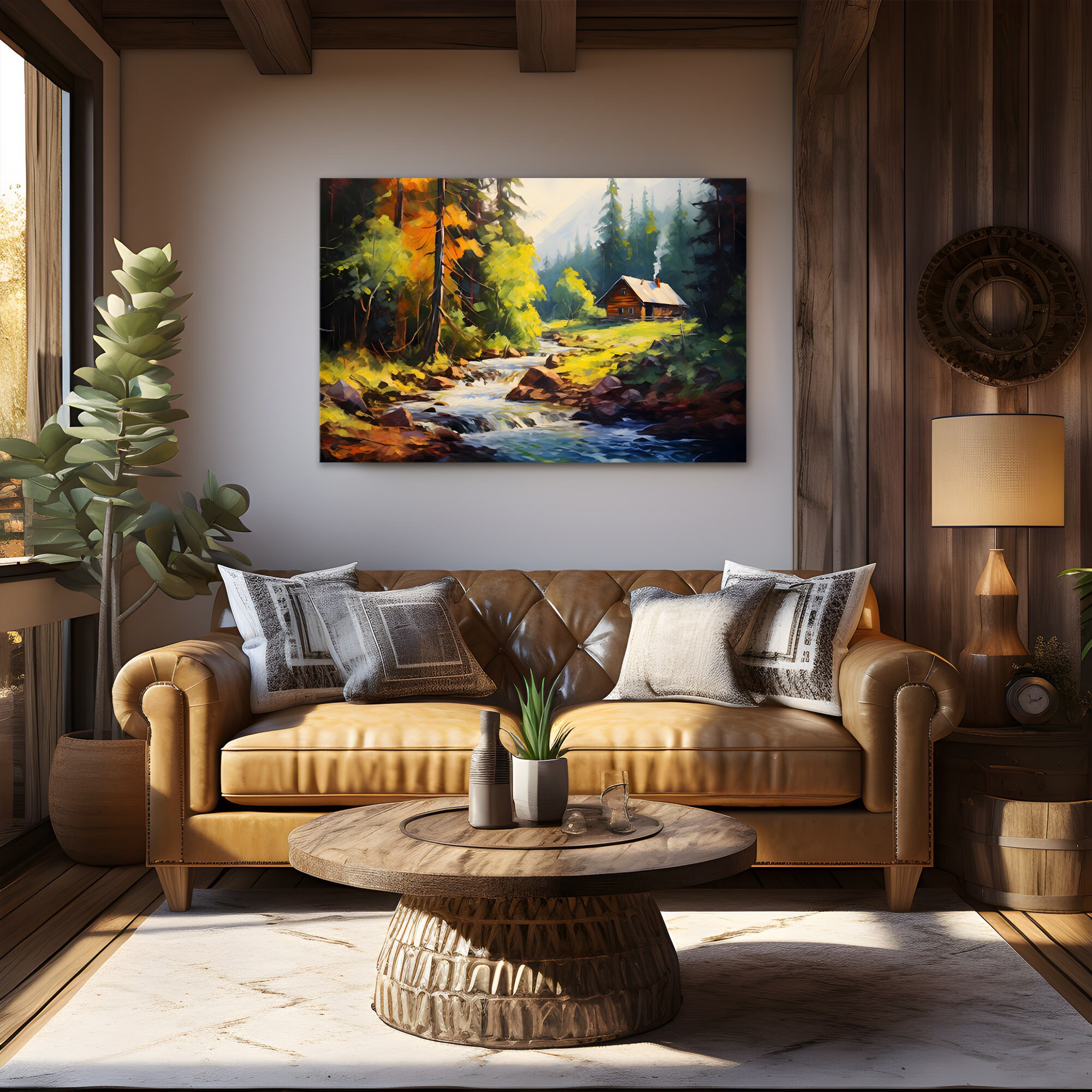 Vintage Cozy Cabin in Forest Oil Painting Print on Canvas | Lodge Decor ...