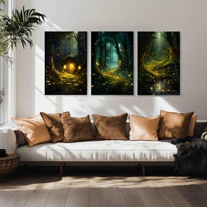 3 Enchanted Magical Spirit Forest with Fireflies Bundle Set Canvas Wall Art Print | Mystical Fantasy Spiritual Fairy Forest Woods