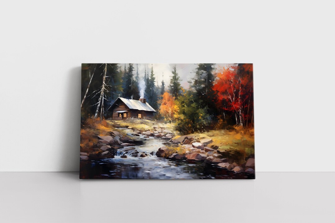 Vintage Country Cabin in Forest Oil Painting Print on Canvas | Lodge ...