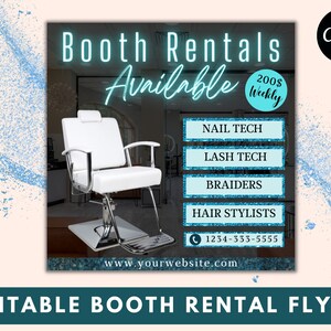 Dépliant de location de stand, Poster de location de stand, Dépliant de location de stand, Location de chaise, Dépliant numérique, Dépliant modifiable, Dépliant pour coiffeur, Dépliant marketing