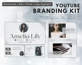 Youtube Branding Kit, Editable Banners, Intros and Outros and Thumbnails, Canva Templates for Youtuber, Fashion and Lifestyle Vlogger,