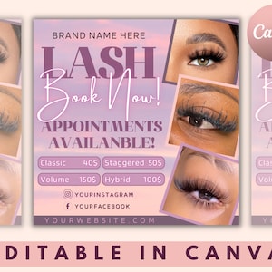 May include: Pink and purple social media graphic with a sunset background. The text reads "LASH Book Now!" and "APPOINTMENTS AVAILABLE!" with prices listed for different lash services. The graphic includes photos of eyes with different lash styles.