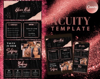 May include: A black and pink graphic design template for a beauty salon called "Glam Rush". The template includes contact information, hours of operation, and a section for booking rules. The template is designed to be used with Acuity Scheduling.
