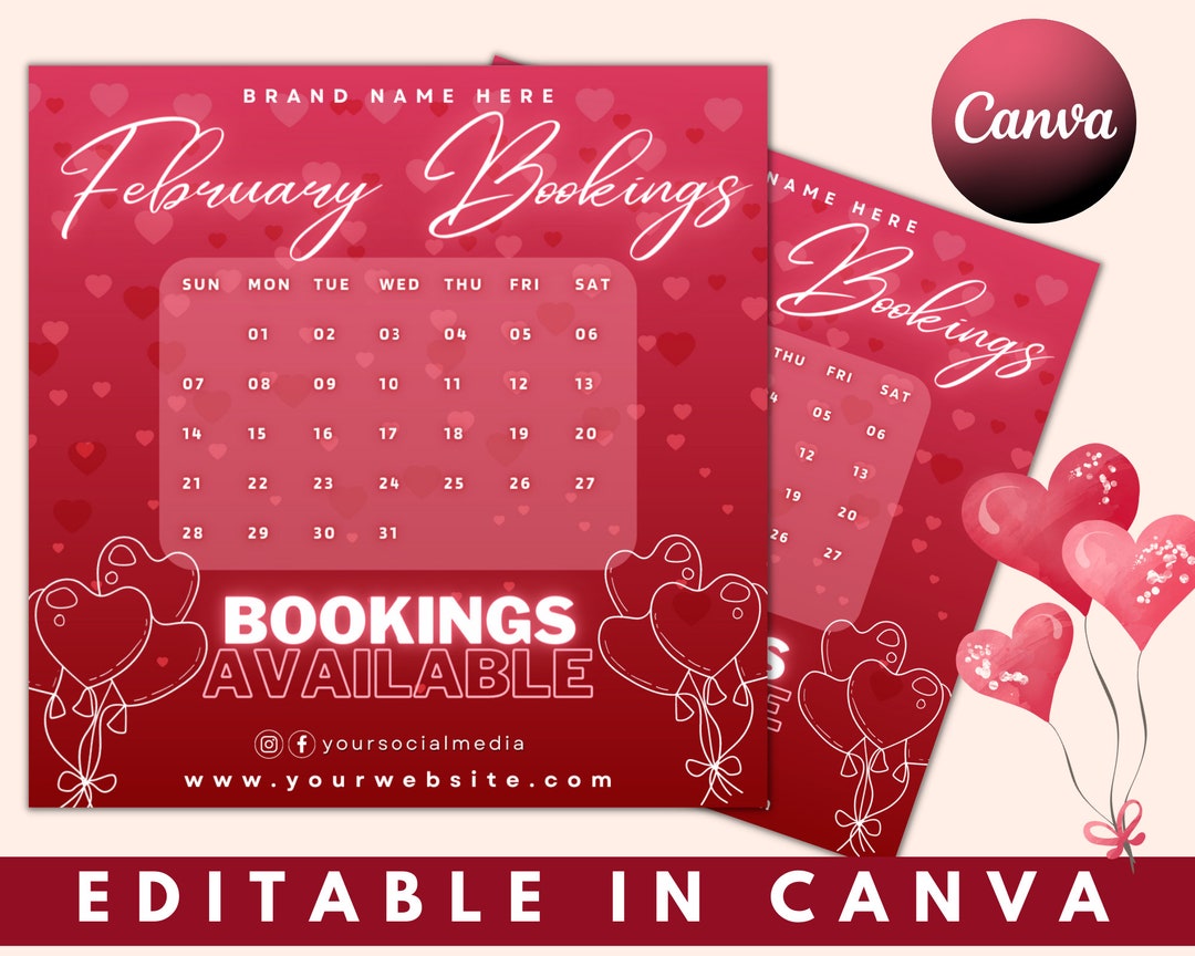 February Bookings Flyer, Valentine's Day Flyer, Book Now Flyer, Booking ...