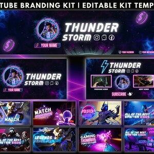 Youtube Branding Kit for Men, Editable Banners, Animated Intro & Outro Videos, Thumbnail and Logo, Neon Canva Templates for Gaming Channel