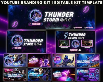 Youtube Branding Kit for Men, Editable Banners, Animated Intro & Outro Videos, Thumbnail and Logo, Neon Canva Templates for Gaming Channel