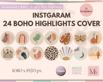 May include: Set of 24 Instagram highlight covers with a boho theme. The covers feature various designs, including rainbows, leaves, butterflies, and geometric shapes. The covers are in a neutral color palette of beige, brown, and white.
