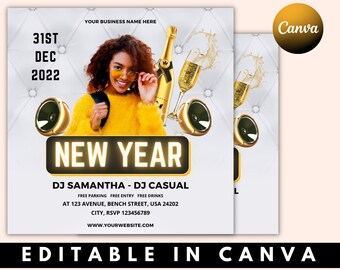 May include: A New Year's Eve party invitation with a gold and white color scheme. The invitation features a woman wearing sunglasses and a yellow sweater, a bottle of champagne, and two speakers. The text on the invitation reads "31st Dec 2022", "New Year", "DJ Samantha - DJ Casual", "Free Parking, Free Entry, Free Drinks", "At 123 Avenue, Bench Street, USA 24202", "City, RSVP 123456789", "www.yourwebsite.com", and "Editable in Canva".