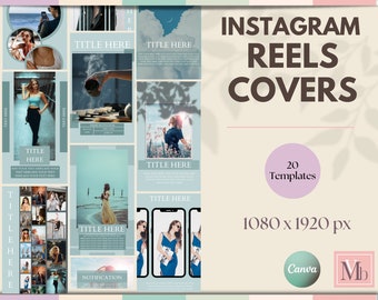 May include: A set of 20 Instagram Reels covers featuring a variety of pastel colors and designs. The covers are 1080 x 1920 pixels and can be edited in Canva. The text "INSTAGRAM REELS COVERS" is displayed in a bold, black font. The text "20 Templates" is displayed in a white font on a purple circle. The text "1080 x 1920 px" is displayed in a black font. The text "Canva" is displayed in a white font on a green circle. The text "Mb" is displayed in a black font on a white circle.