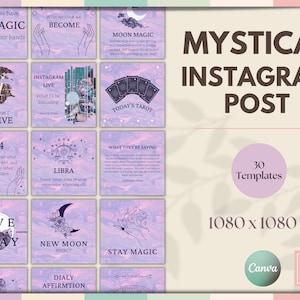 May include: A set of 30 Instagram post templates with a mystical theme. The templates feature a variety of designs, including illustrations of hands, moons, stars, and tarot cards. The templates are in a purple and pink color scheme and are perfect for promoting your mystical business or brand.
