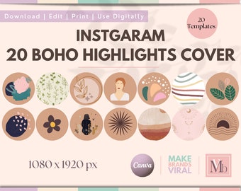 May include: Twenty boho style Instagram highlight covers in various colors and designs. The covers feature illustrations of flowers, leaves, geometric shapes, and abstract patterns. The text "INSTGARAM 20 BOHO HIGHLIGHTS COVER" is at the top of the image. The text "1080 x 1920 px" is at the bottom of the image.