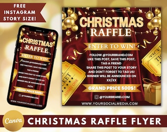 Christmas Raffle Flyer Template, Holiday Giveaway (Canva Editable, Digital Download)