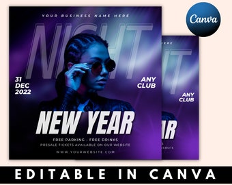 May include: Purple and blue New Year's Eve party flyer with a woman wearing sunglasses and a black leather jacket. The flyer says "New Year" and "Any Club". It also says "Free Parking - Free Drinks" and "Presale Tickets Available on Our Website" with a website address.