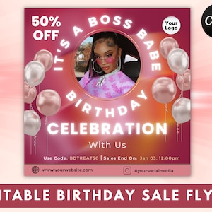 Puede incluir: Un folleto de venta de cumpleaños rosa y rojo con el texto "It's a Boss Babe Birthday Celebration". El folleto incluye una foto de una mujer, globos y el texto "50% OFF". El folleto es un diseño editable.