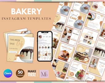 May include: A set of 50 Instagram templates for bakeries, showcasing images of cakes, pastries, and other baked goods. The templates are designed in a contemporary, minimalist style with a beige and brown colour scheme. The text "BAKERY INSTAGRAM TEMPLATES" is displayed at the top of the image.