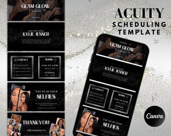 May include: A black and white phone screen mockup showing a scheduling template for a beauty salon called "Glam Glow". The template includes the salon's name, contact information, hours of operation, and a call to action to book an appointment. The template is designed to be used on social media.