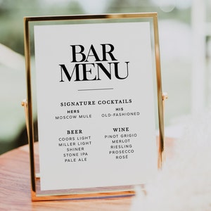 Wedding Bar Menu, Wedding Bar Sign, Bar Menu Template, Wedding Menu Template, Cocktail Menu, Minimalist Elegant, Printable Sign, A01