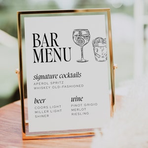 Wedding Bar Menu Template with Illustrations, Editable Bar Menu Sign, Modern Typography, Customizable, Cocktail Elegant Printable, L01